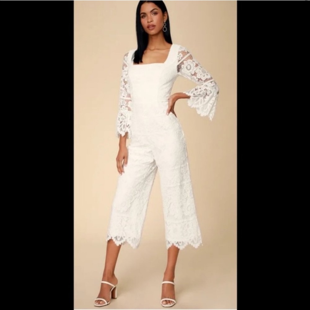 Lulu’s Amoureux White Lace Flounce Sleeve Culotte Jumpsuit